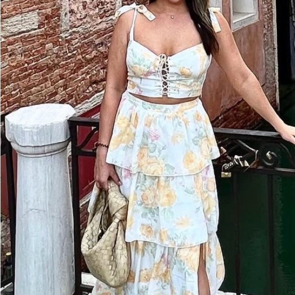 Wayf Floral Two-Piece Skirt Set in Cream and Yellow